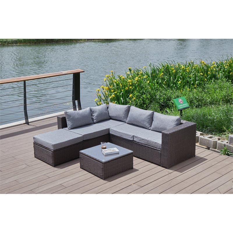 Pemberly Row Gray Wicker / Rattan Sectional with Glass top Coffee table