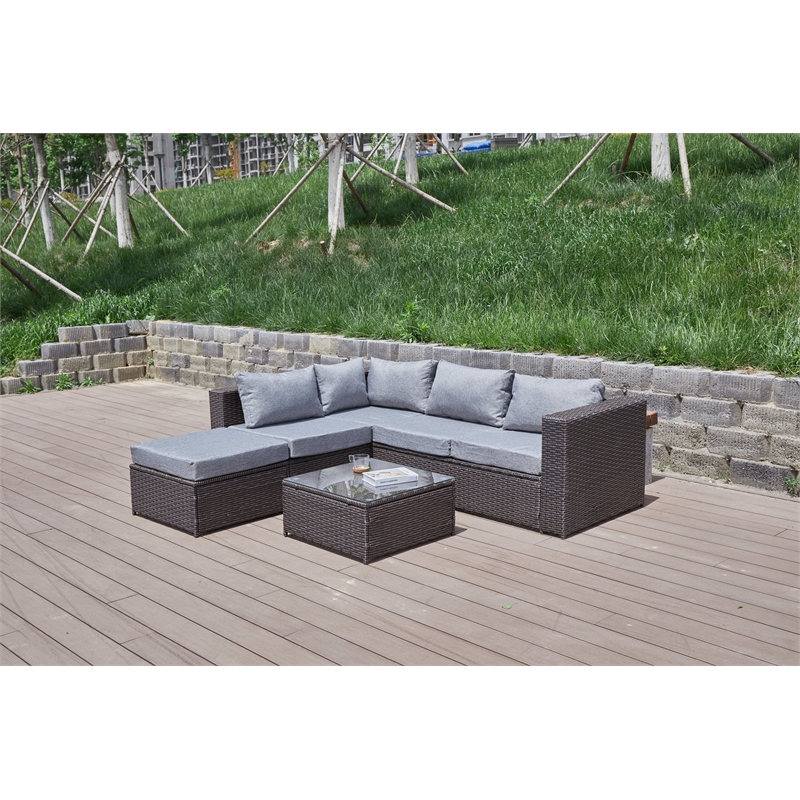 Pemberly Row Gray Wicker / Rattan Sectional with Glass top Coffee table
