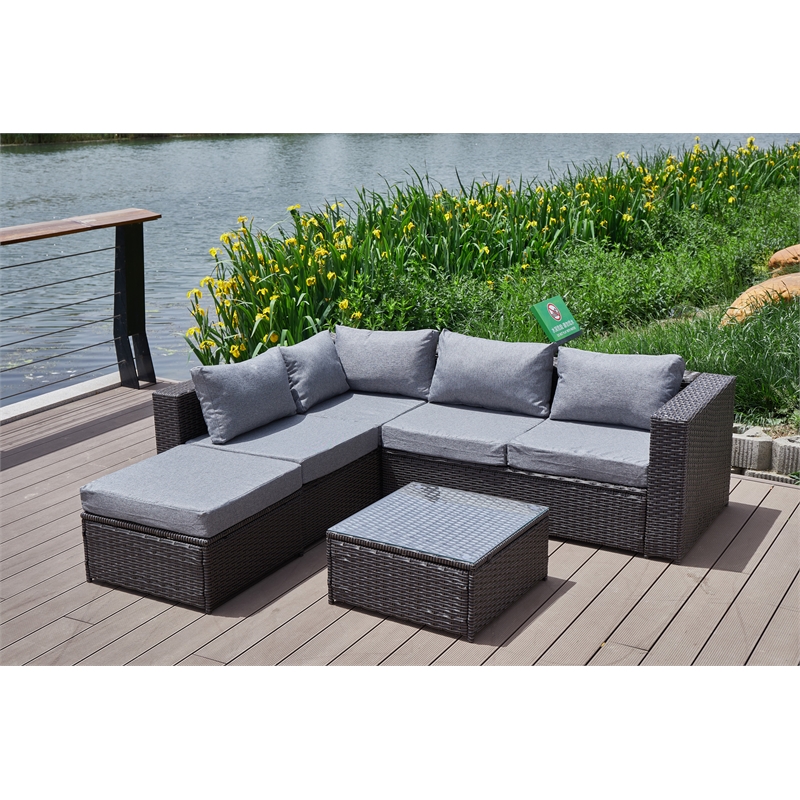 Pemberly Row Gray Wicker / Rattan Sectional with Glass top Coffee table