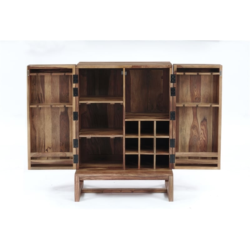 Pemberly Row Contemporary Solid Sheesham Wood Bar in Natural