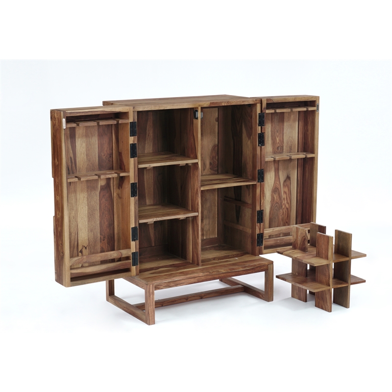 Pemberly Row Contemporary Solid Sheesham Wood Bar in Natural