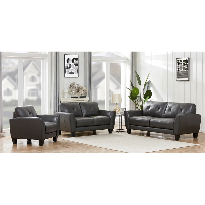 Pemberly Row Contemporary Top Grain Leather Sofa in Gray Finish