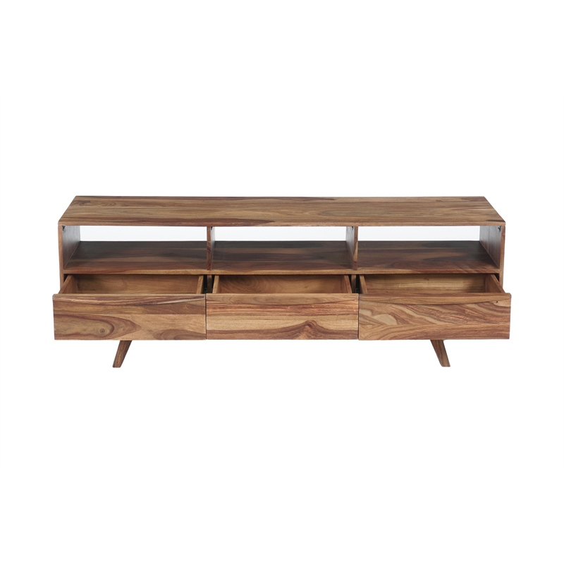 Pemberly Row Modern Solid Sheesham Wood TV Stand in Light Brown