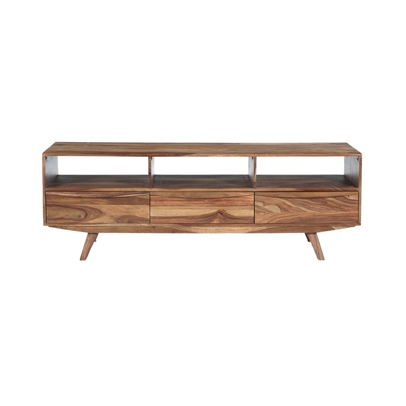 Pemberly Row Modern Solid Sheesham Wood TV Stand in Light Brown