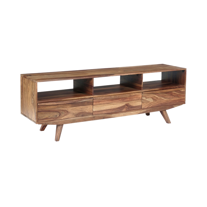 Pemberly Row Modern Solid Sheesham Wood TV Stand in Light Brown