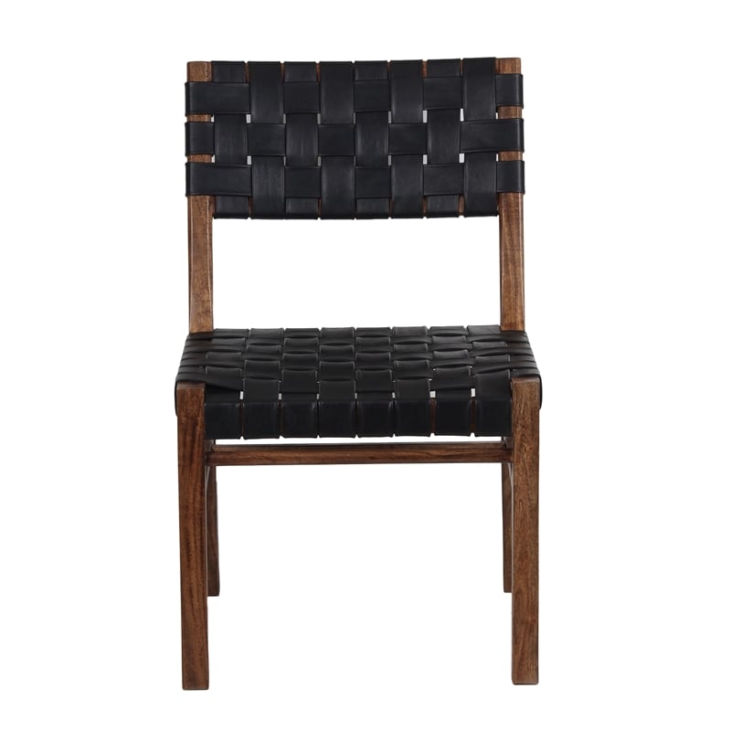 Pemberly Row Genuine Leather Basket-Woven Dining Chair in Brown