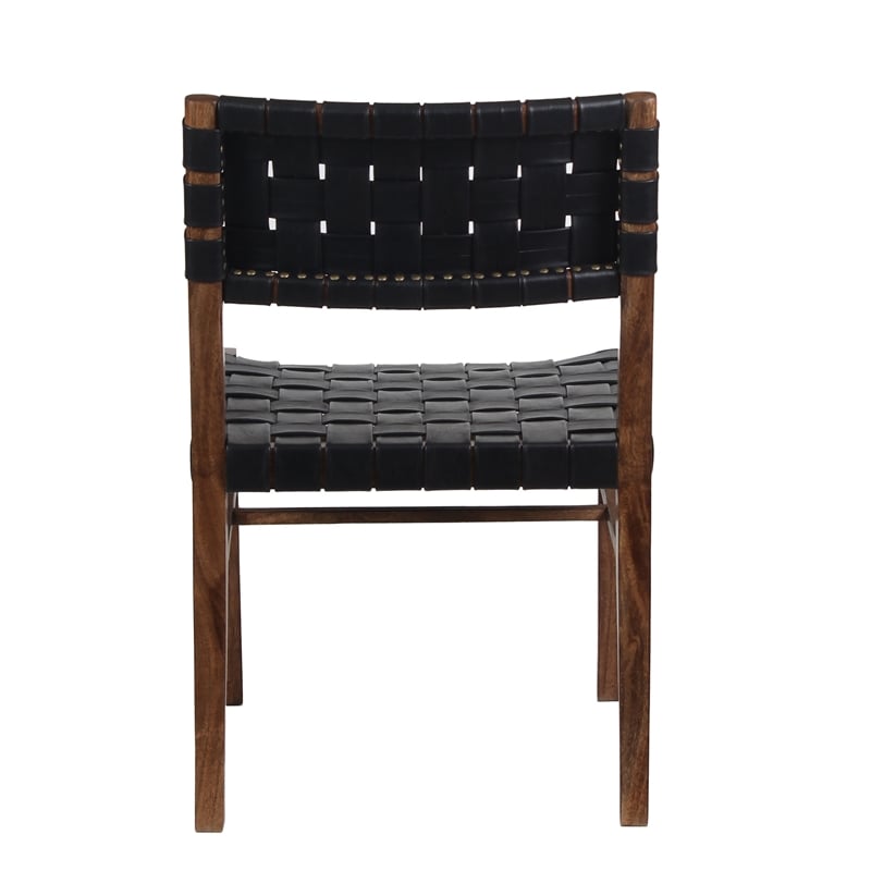 Pemberly Row Genuine Leather Basket-Woven Dining Chair in Brown