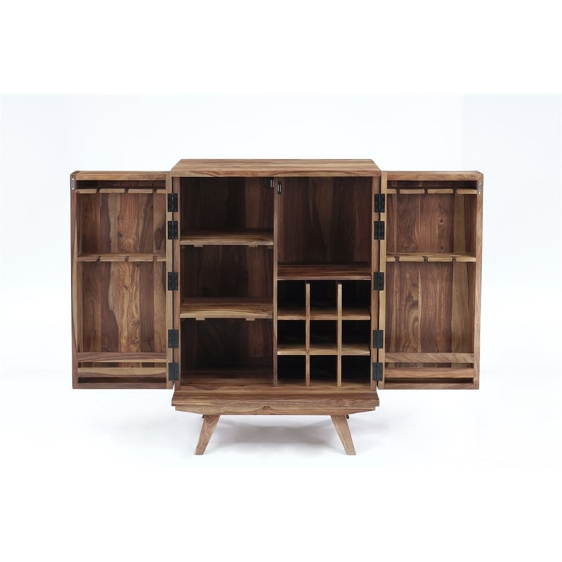 Pemberly Row Contemporary Solid Sheesham Wood Bar in Light Brown