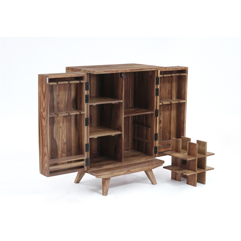 Pemberly Row Contemporary Solid Sheesham Wood Bar in Light Brown