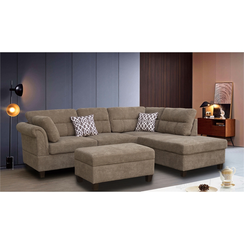 Pemberly Row Brown Fabric Sectional Right-Faced Chaise-Ottoman & 2 Throw Pillows