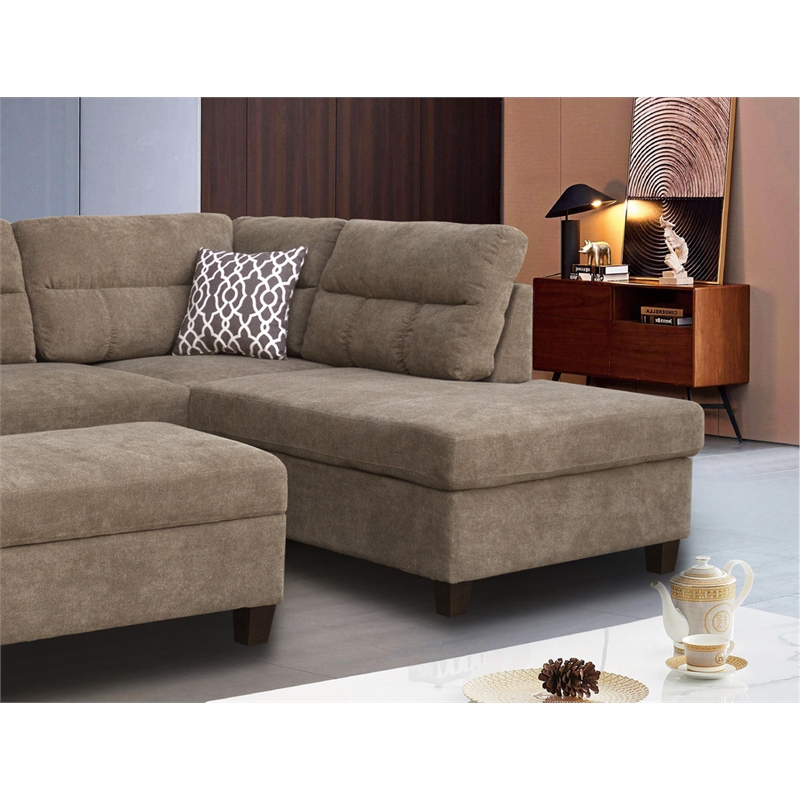 Pemberly Row Brown Fabric Sectional Right-Faced Chaise-Ottoman & 2 Throw Pillows