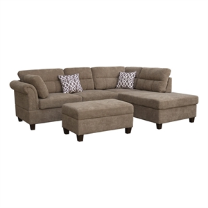Pemberly Row Brown Fabric Sectional Right-Faced Chaise-Ottoman & 2 Throw Pillows
