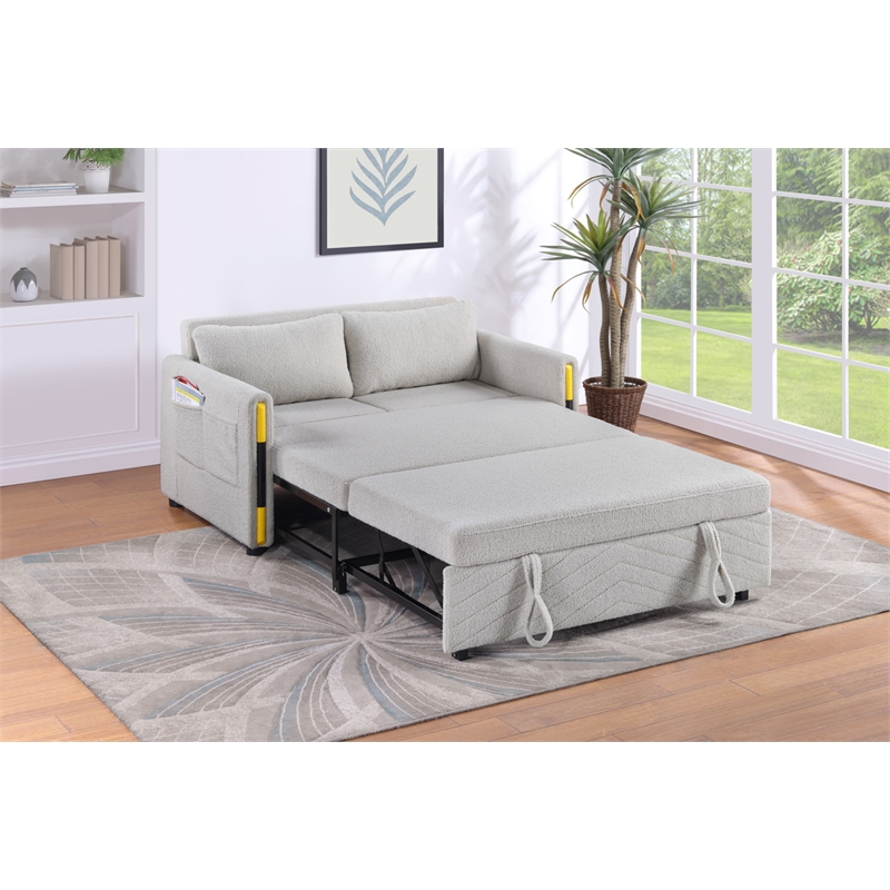 Pemberly Row Beige Teddy Velvet Fabric Sleeper Loveseat with Side Pockets