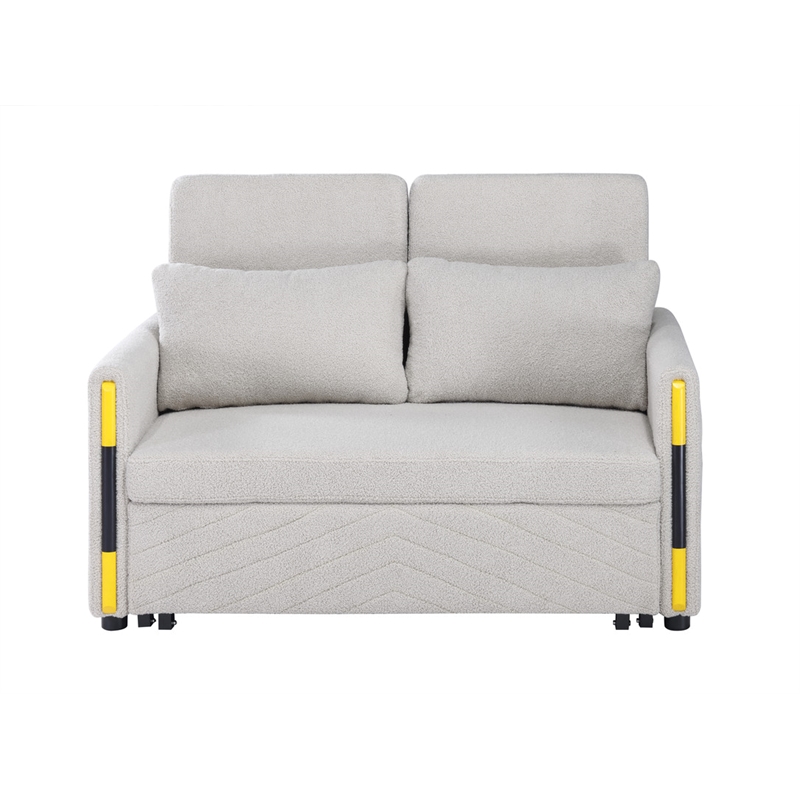 Pemberly Row Beige Teddy Velvet Fabric Sleeper Loveseat with Side Pockets