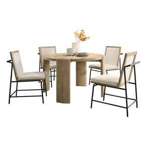 Pemberly Row Wood Oak Finish 47&quot Round Dining Set with Cream Color Chairs