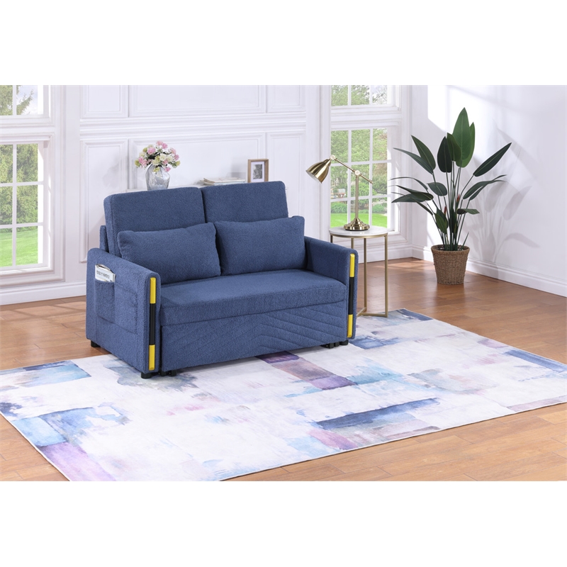 Pemberly Row Navy Teddy Velvet Fabric Sleeper Loveseat with Side Pockets