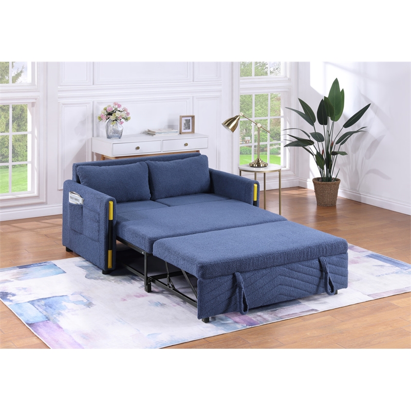 Pemberly Row Navy Teddy Velvet Fabric Sleeper Loveseat with Side Pockets