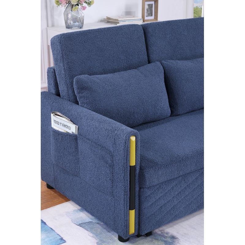 Pemberly Row Navy Teddy Velvet Fabric Sleeper Loveseat with Side Pockets