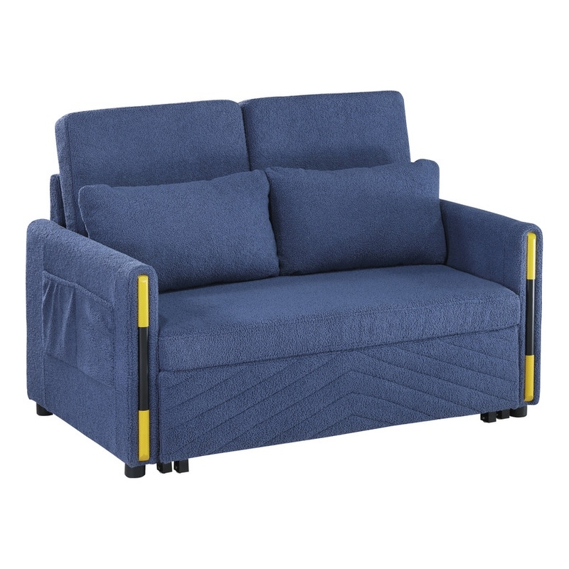 Pemberly Row Navy Teddy Velvet Fabric Sleeper Loveseat with Side Pockets