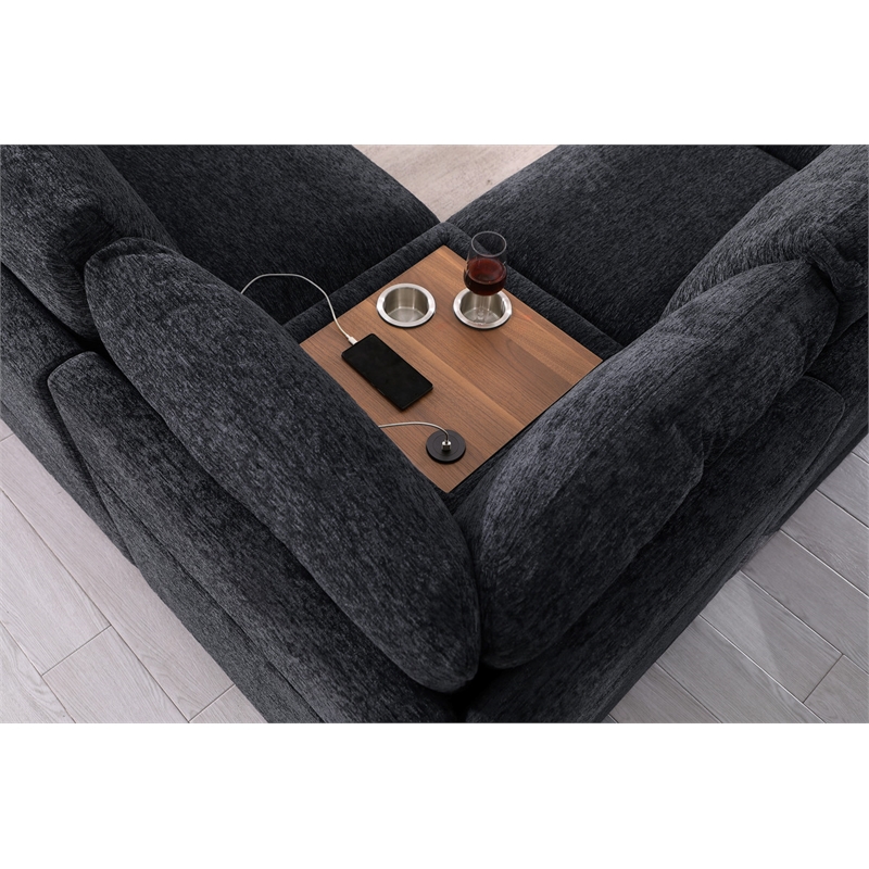 Pemberly Row Dark Gray Fabric Sectional Chaise Cupholders Charging Ports