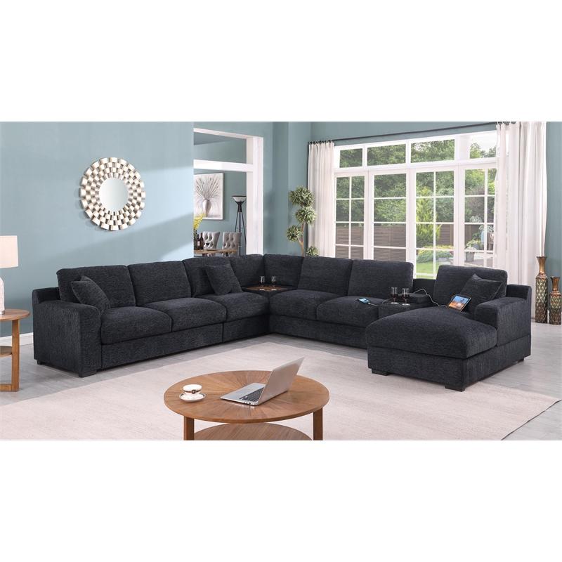 Pemberly Row Dark Gray Fabric Sectional Chaise Cupholders Charging Ports