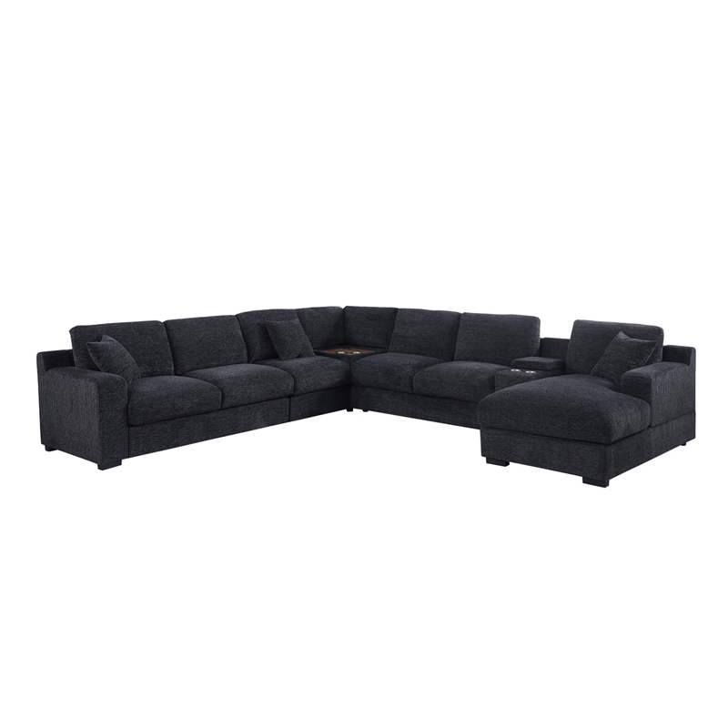 Pemberly Row Dark Gray Fabric Sectional Chaise Cupholders Charging Ports