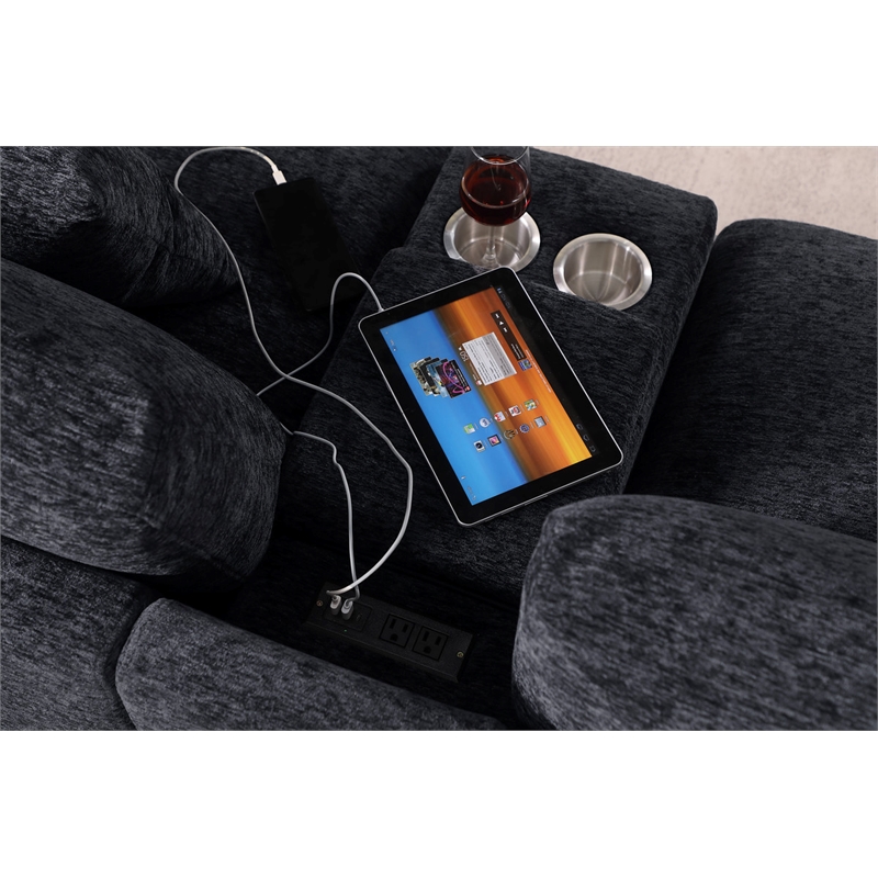 Pemberly Row Dark Gray Fabric Sectional Chaise Cupholders Charging Ports