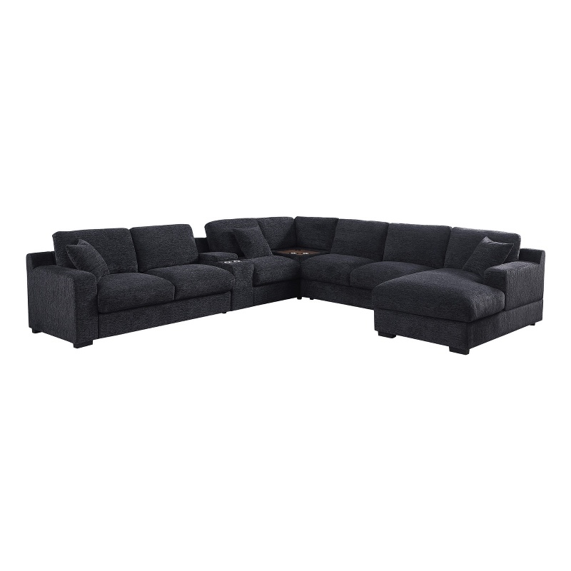 Pemberly Row Dark Gray Fabric Sectional Chaise Cupholders Charging Ports