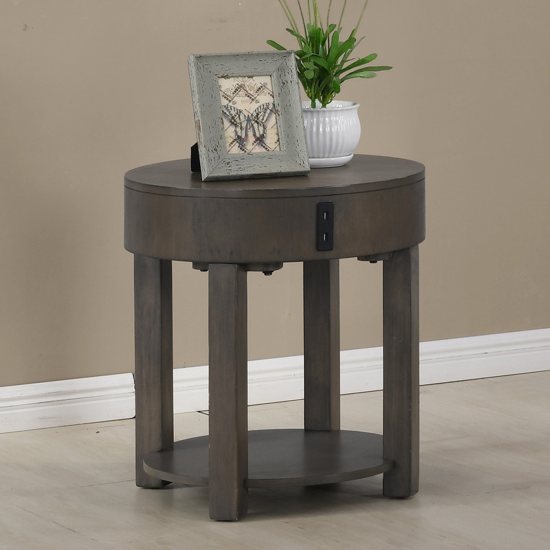 Pemberly Row Light Brown Engineered Wood Round End Table with USB Ports