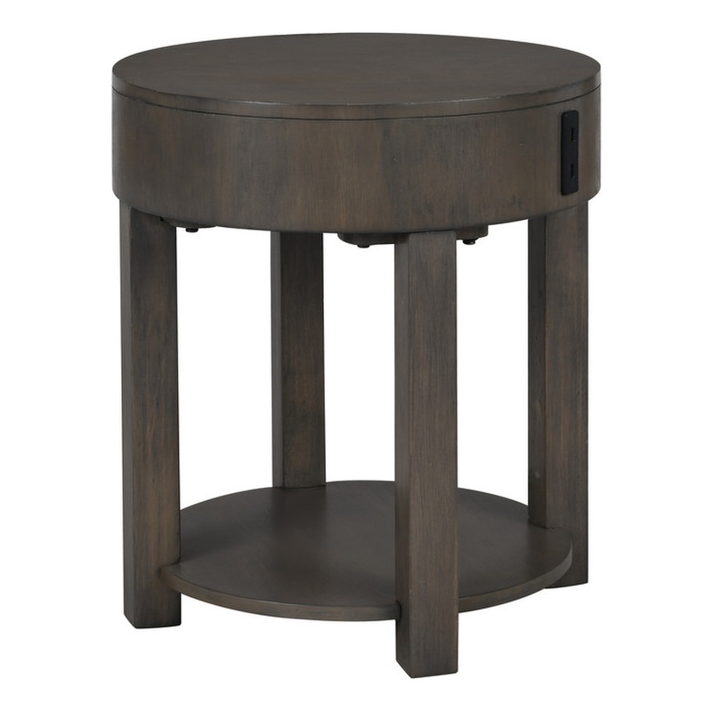 Pemberly Row Light Brown Engineered Wood Round End Table with USB Ports