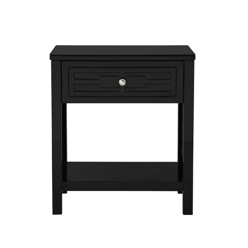 Pemberly Row Black Engineered Wood End Side Table Nightstand w/ Glass Top Drawer
