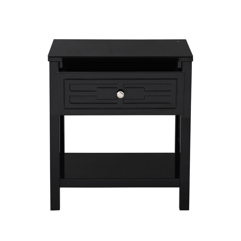 Pemberly Row Black Engineered Wood End Side Table Nightstand w/ Glass Top Drawer
