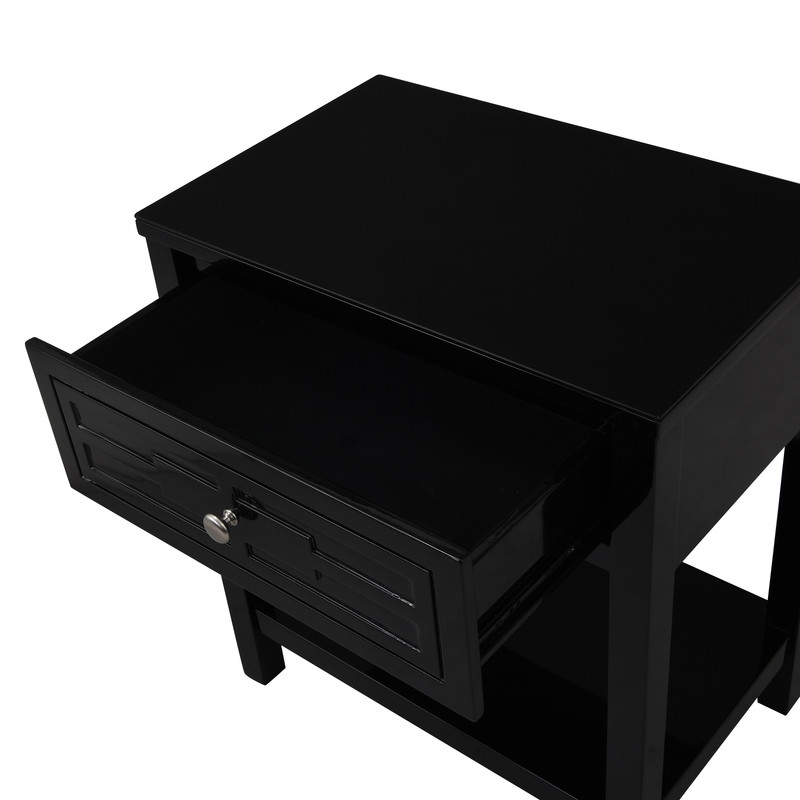 Pemberly Row Black Engineered Wood End Side Table Nightstand w/ Glass Top Drawer