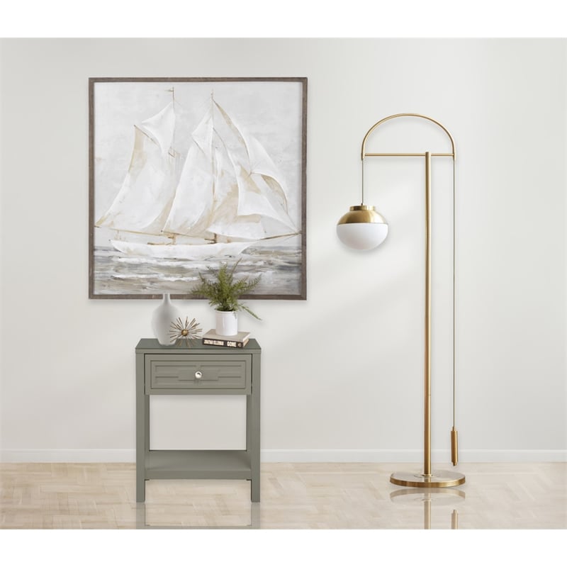 Pemberly Row Taupe Engineered Wood End Side Table Nightstand w/ Glass Top Drawer
