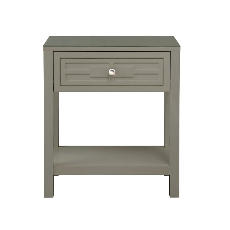 Pemberly Row Taupe Engineered Wood End Side Table Nightstand w/ Glass Top Drawer
