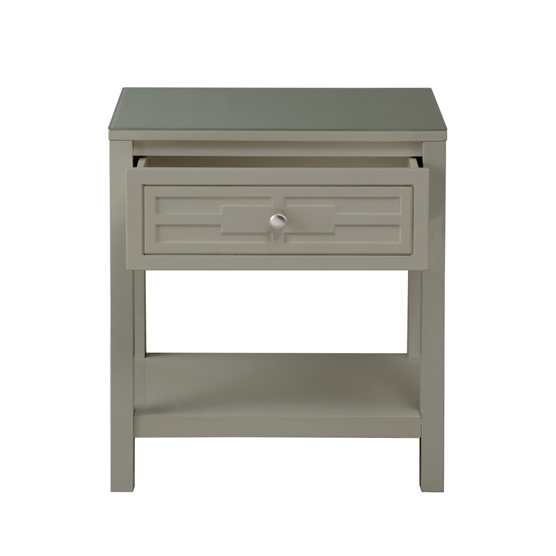 Pemberly Row Taupe Engineered Wood End Side Table Nightstand w/ Glass Top Drawer