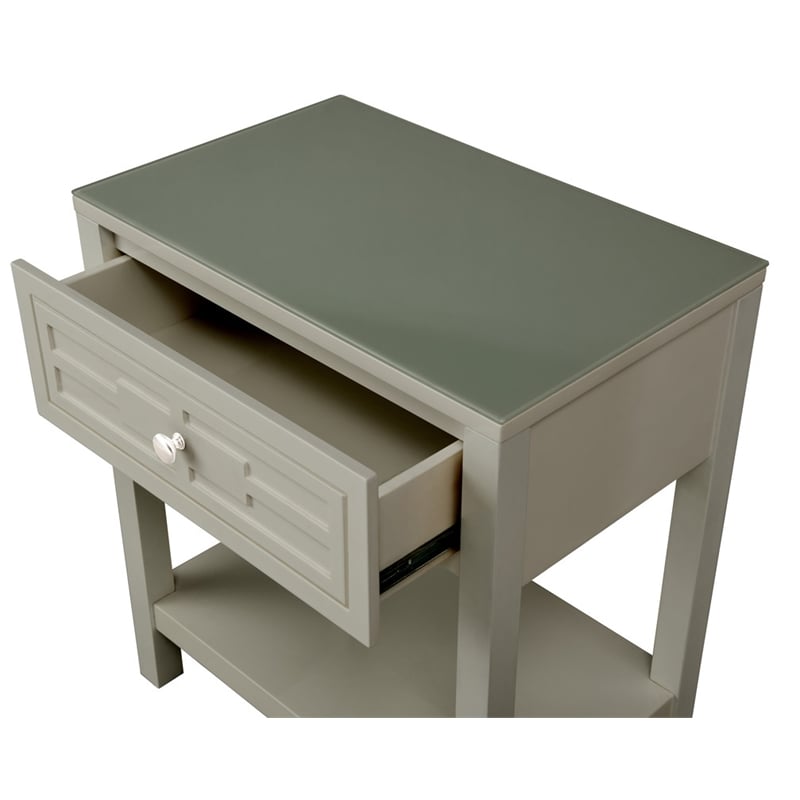 Pemberly Row Taupe Engineered Wood End Side Table Nightstand w/ Glass Top Drawer