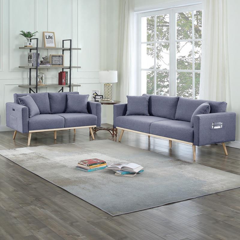 Pemberly Row Dark Gray Linen Fabric Sofa Loveseat Living Room Set with USB Ports