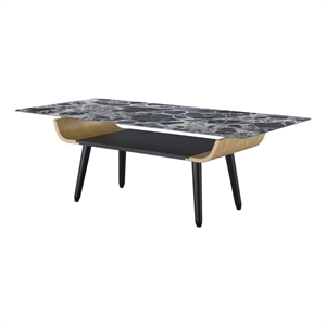Pemberly Row Coffee Table with Glass Black Marble Texture Top & Bent Wood Design
