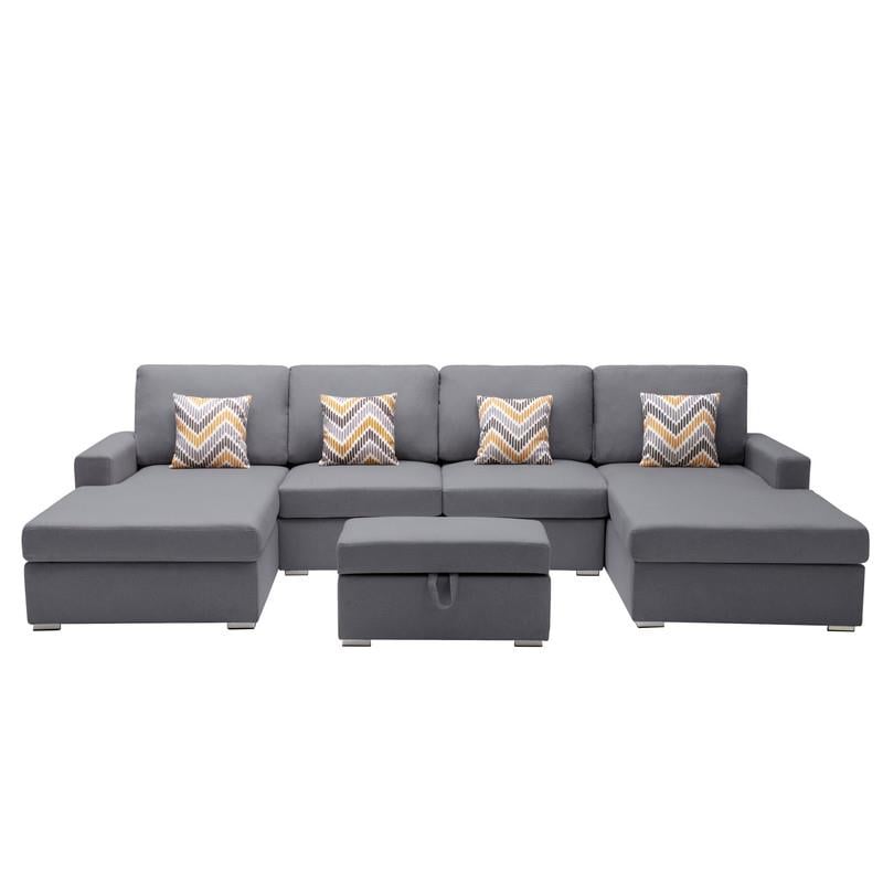 Pemberly Row Gray Fabric 5PcDouble Chaise Sectional Interchangeable Legs Ottoman