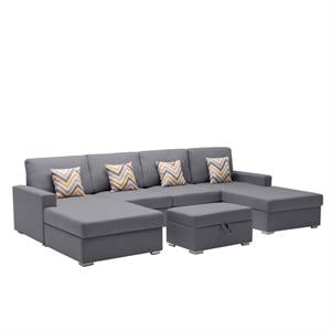 Pemberly Row Gray Fabric 5PcDouble Chaise Sectional Interchangeable Legs Ottoman