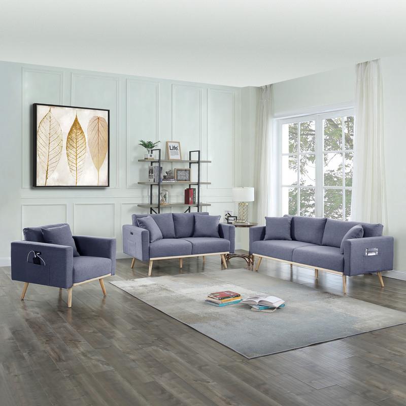 Pemberly Row Dark Gray Fabric Sofa Loveseat Chair Living Room Set with USB Ports