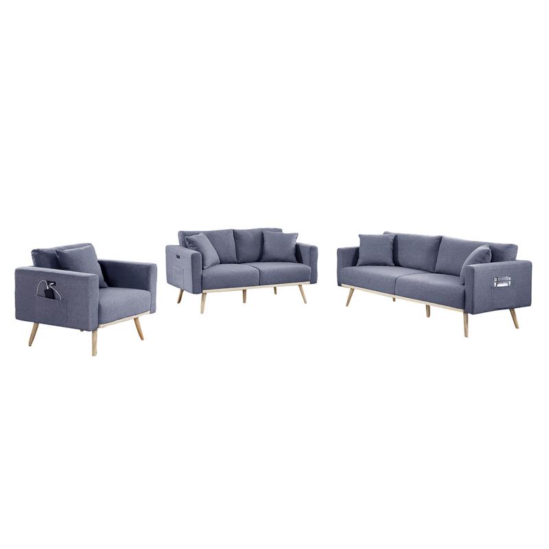 Pemberly Row Dark Gray Fabric Sofa Loveseat Chair Living Room Set with USB Ports
