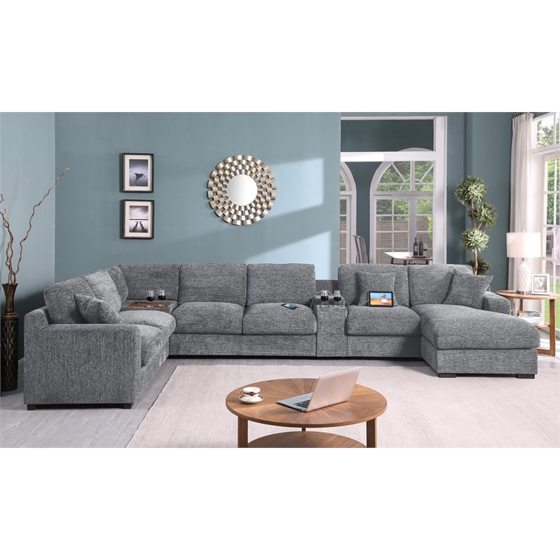Pemberly Row Light Gray Sectional Right-Facing Chaise Cupholders Charging Ports