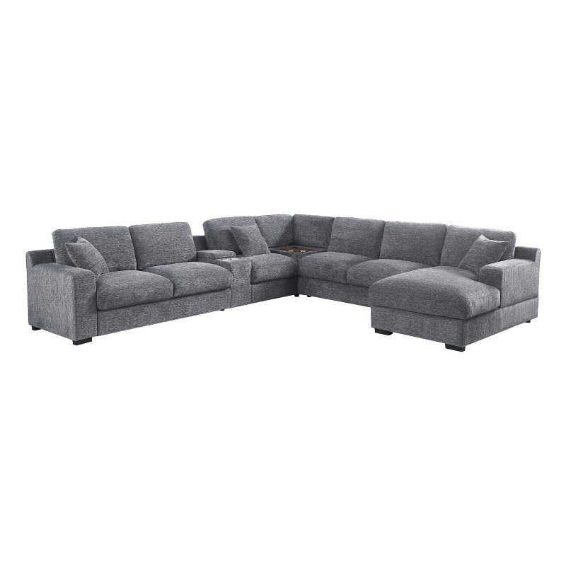 Pemberly Row Light Gray Sectional Right-Facing Chaise Cupholders Charging Ports