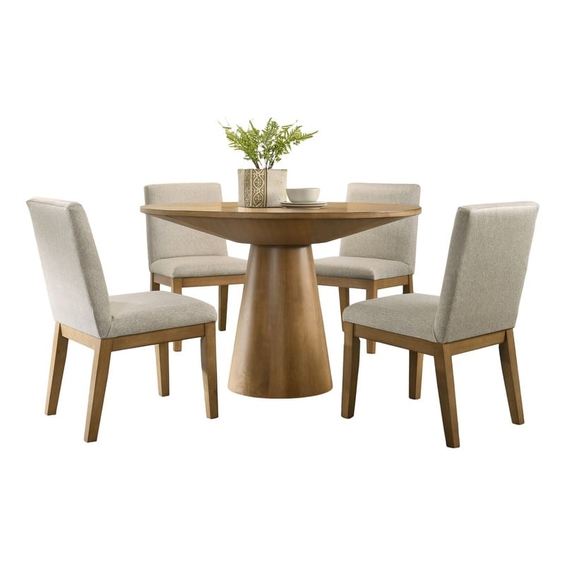 Pemberly Row Driftwood Finish Wood 5 Pc Dining Table Set w/ Beige Fabric Chairs
