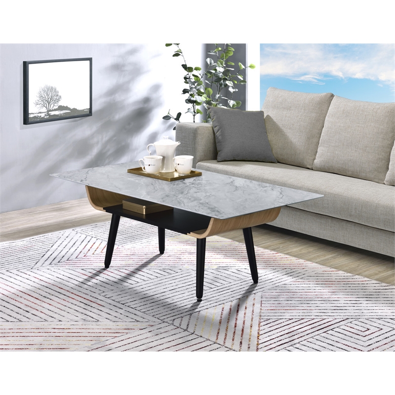 Pemberly Row Coffee Table with Glass Gray Marble Texture Top & Bent Wood Design