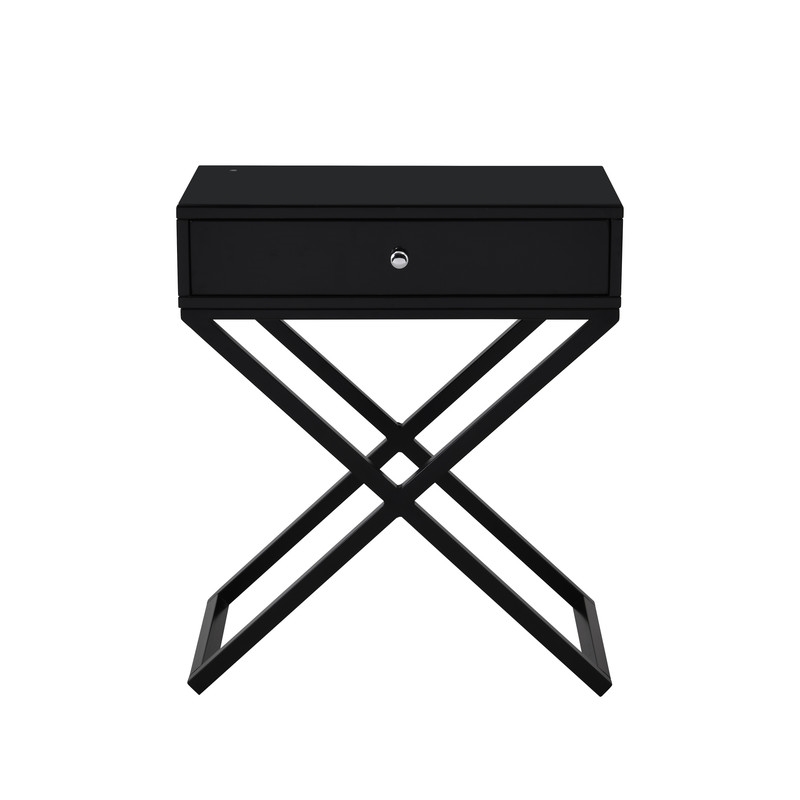 Pemberly Row Black Wood End Side Table Nightstand w/ Glass Top Drawe