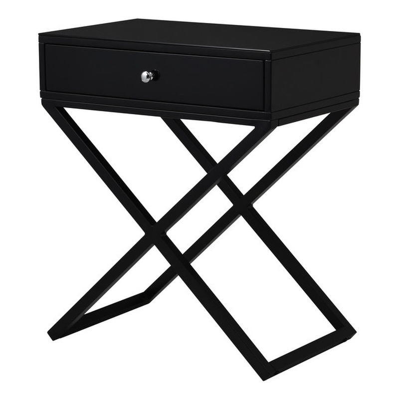 Pemberly Row Black Wood End Side Table Nightstand w/ Glass Top Drawe
