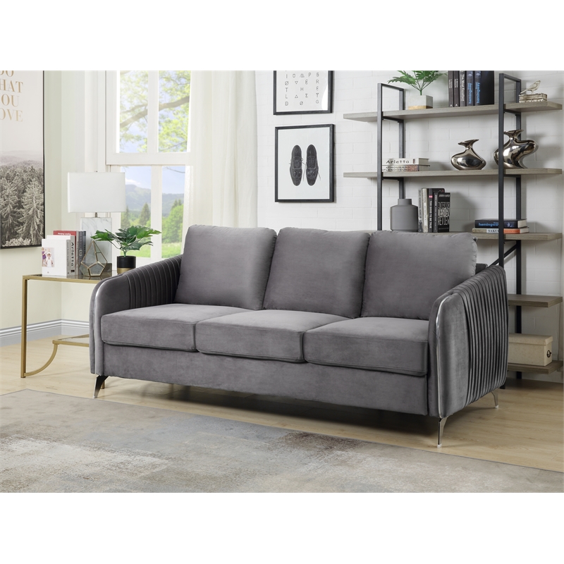 Pemberly Row Gray Velvet Elegant Modern Chic Sofa Couch with Chrome Metal Legs